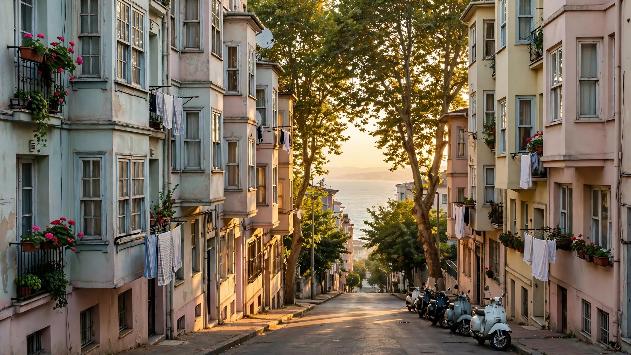 Moda’da cumbalı apartmanlar arasında denize inen bir sokak, akşamüstü